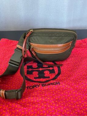 Tory Burch Perry olive green nylon compact belt bag sling w/ brown leather trim